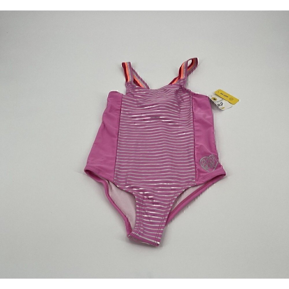 NEW Body Glove Swimsuit UPF 50 One Piece Girls Size 12 Striped Pink Silver